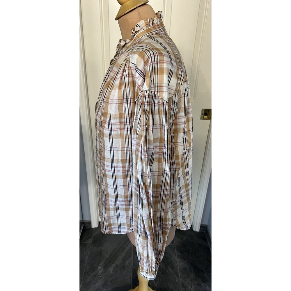 Gap Womens Plaid Button Up Shirt Size Medium Ruffle Neck Neutral Country Western - Picture 5 of 8